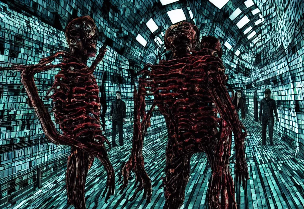 Prompt: hyperrealistic colorized cinestill of willem dafoe in the style of dead space, junji ito, gantz, roaming toronto yorkdale mall. deep aesthetics of weirdcore