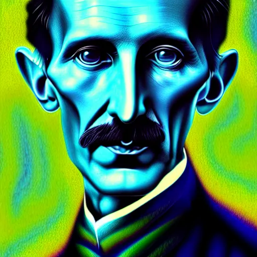 Image similar to An extremely psychedelic portrait of Nikola Tesla, surreal, LSD, face, detailed, intricate, elegant, lithe, highly detailed, digital painting, artstation, concept art, smooth, sharp focus, illustration