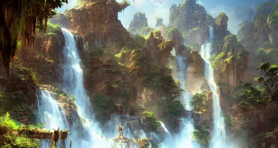 Image similar to A beautiful digital painting aztek temple, waterfall, lovely valley by Stanley Artgerm Lau, frank frazetta, Rossdraws, James Jean, gerald brom, Andrei Riabovitchev, Marc Simonetti, and Sakimichan, trending on artstation