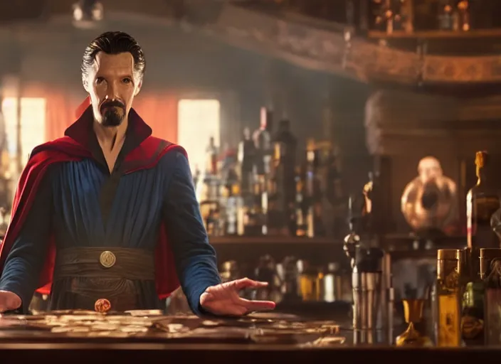 Image similar to film still of singular Doctor Strange working as a bartender in the new Avengers movie, 4k