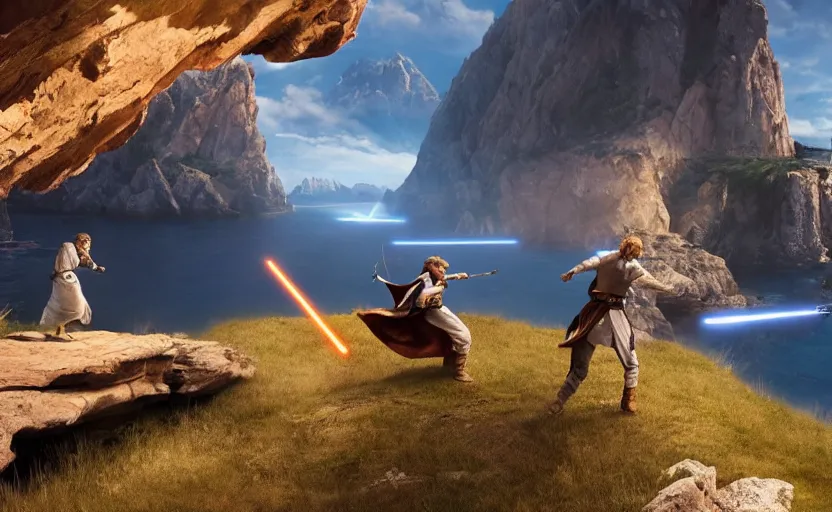 Image similar to anakin skywalker and obi wan kenobi engaging in an epic duel on a cliffside, epic, fantasy artwork, intense, cinematic, raytracing, dynamic lighting, 4 k