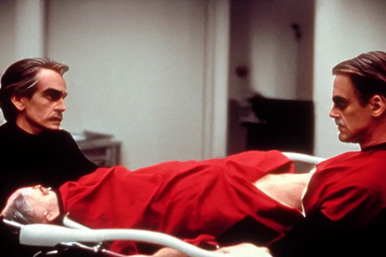 Image similar to a scene from the movie dead ringers with jeremy irons, dark cinematic lighting, heavy black and red color contrast, medical equipment