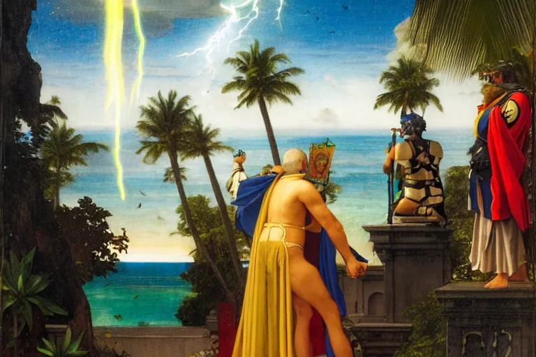 Prompt: Knight on front of balustrade and palace columns, refracted lightnings on the ocean, thunderstorm, tarot cards characters, beach and Tropical vegetation on the background major arcana sky and occult symbols, by paul delaroche, hyperrealistic 4k uhd, award-winning, very detailed paradise