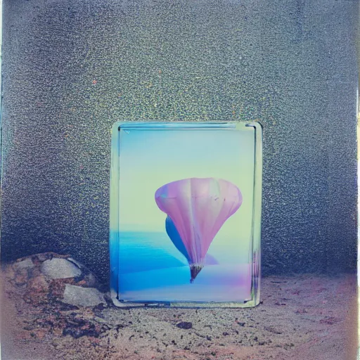 Image similar to a pastel colour high fidelity Polaroid art photo from a holiday album at a seaside with abstract inflatable parachute furniture, all objects made of transparent iridescent Perspex and metallic silver, no people, iridescence, nostalgic