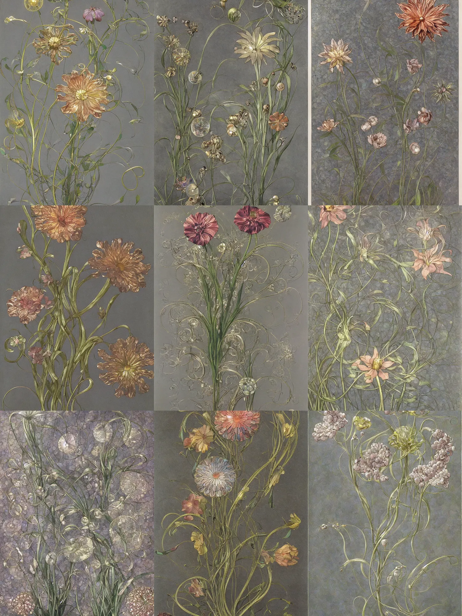 Prompt: a painting of a metallic flower on a gray background, by Earnst Haeckel and Louis Comfort Tiffany, cloisonnism, high detail, detailed painting, biomorphic, bubbles, opalescent, exotic.