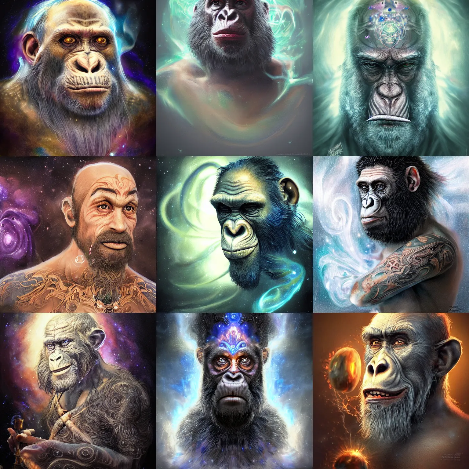 Image similar to a wlop 3 d render of very very very very highly detailed beautiful mystic portrait of a phantom ape mage with whirling galaxy around, tattoos by anton pieck, intricate, extremely detailed, digital painting, artstation, concept art, smooth, sharp focus, illustration, intimidating lighting, incredible art,