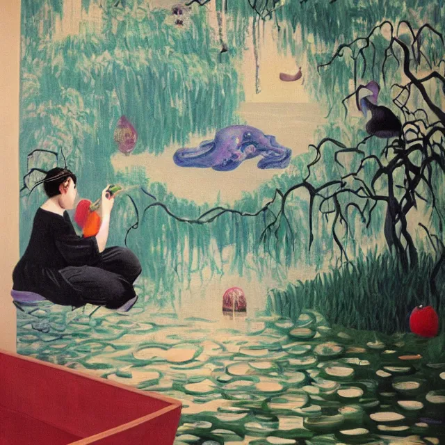 Prompt: female emo art student, painting of flood waters inside an artist's feminine bedroom, a river flooding indoors, pomegranates, pigs, ikebana, water, octopus, river, rapids, waterfall, black swans, canoe, berries, acrylic on canvas, surrealist, by magritte and monet