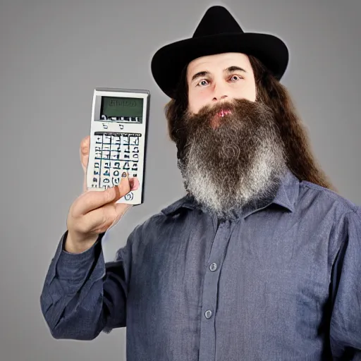 Prompt: wizard holding a calculator