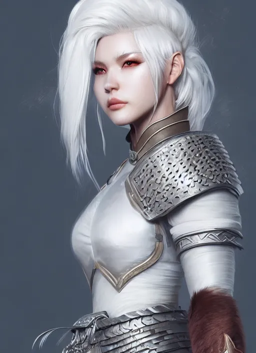 Image similar to warrior, fur leather armor!!! beautiful and elegant white hair female!! gorgeous ayes!! character concept art, sharp focus, octane render! unreal engine 5! highly rendered!! trending on artstation!! detailed linework!! illustration by artgerm, wlop, and chie yoshii