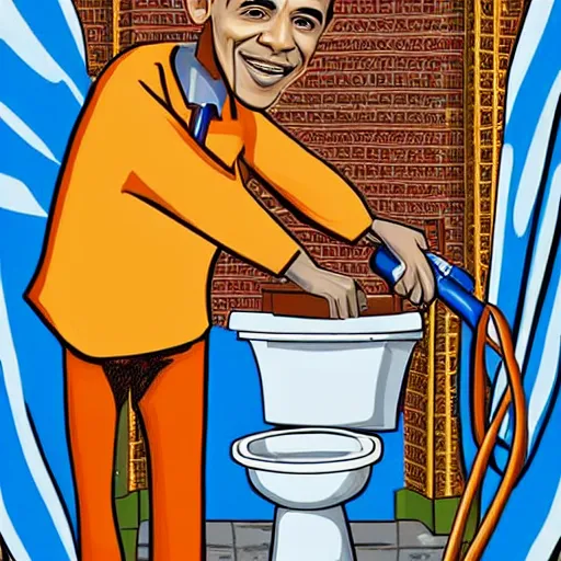 Image similar to obama the plumber, fixing a toilet, in the style of dave macdowell