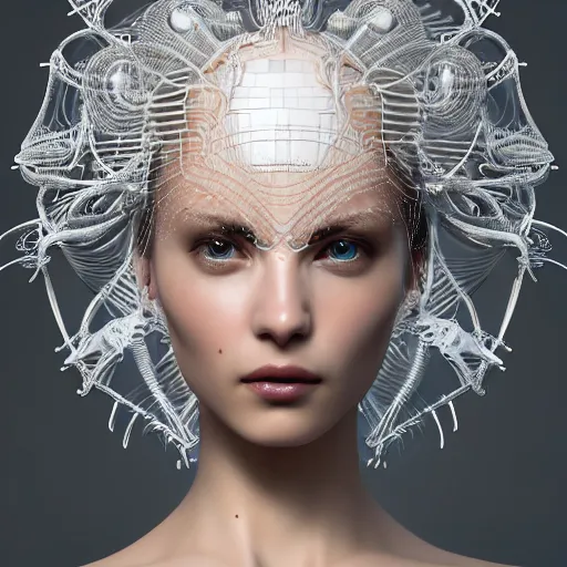 Image similar to closeup portrait of an absurdly beautiful, graceful, sophisticated, fashionable cyberpunk mechanoid gravure idol, an ultrafine hyperdetailed illustration by irakli nadar, matt wisniewski style, fashion photography, intricate linework, porcelain skin, jellyfish headdress, fractal ivory carved ruff, unreal engine 5 highly rendered, global illumination, radiant light, detailed and intricate environment