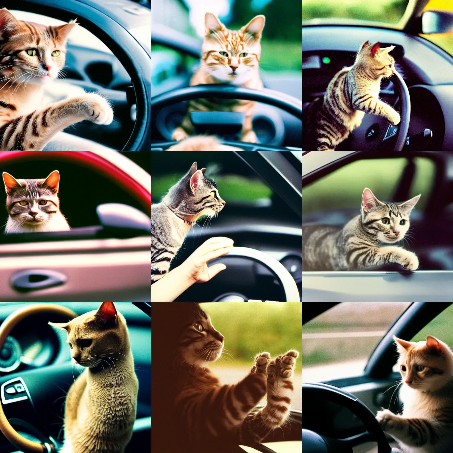 Prompt: cinestill of a cat driving a car, both paws on the driving wheel