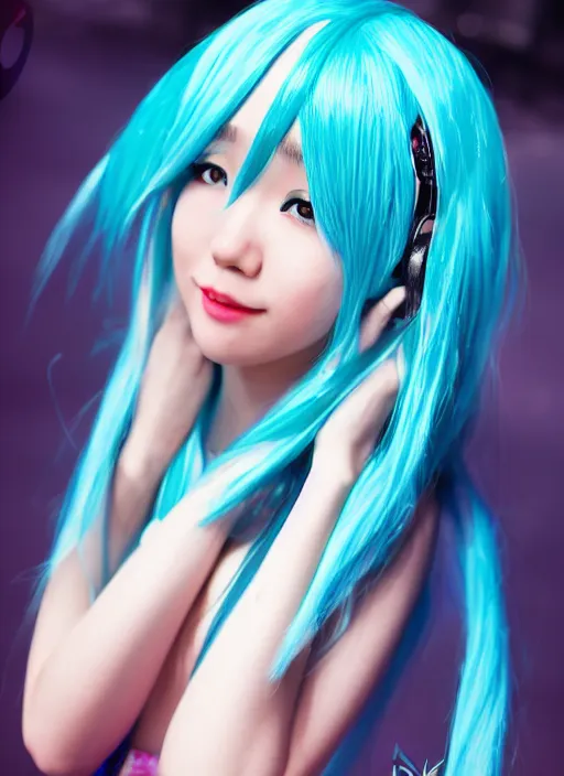 Image similar to Cute beautiful Asian cosplay girl with long blue hair and tempting eyes cosplaing Hatsune miku, full length shot, shining, 8k, HQ, sharp focus, IMAX quality, illustration, by Ilya kuvshinov