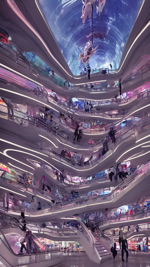 Prompt: interior of pristine intergalactic spaceship, department shopping mall, complex escalator system, futuristic glowing temple with fashion mannequins display, at night and cluster of shopping customers, by makoto shinkai, moebius!, oliver vernon, joseph moncada, damon soule, manabu ikeda, kyle hotz, dan mumford, by kilian eng