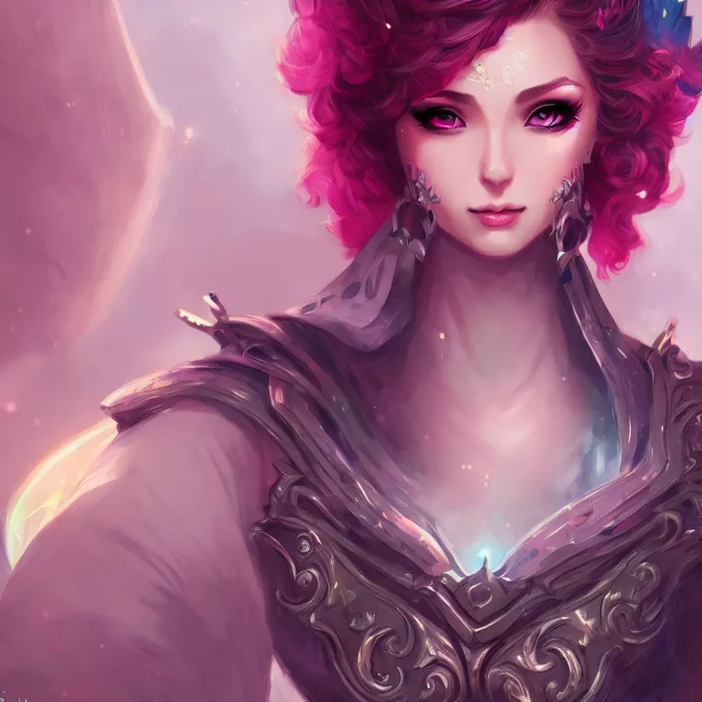 Prompt: fantasy magical fashion girl portrait, solarpunk, league of legends, short hair, fantasy, intricate, androgynous, highly detailed, digital painting, artstation, concept art, smooth, sharp focus, illustration