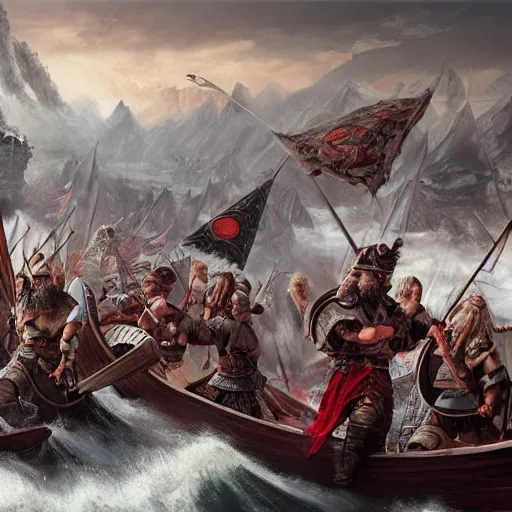Prompt: an epic painting of vikings invading modern china, realistic, 4 k, 8 k, hyper detailed, oil on canvas, hd,