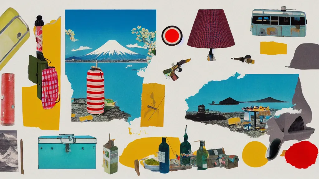 Prompt: an arrangement of picnic traveller props, japan, a collage painting, in the style of wes anderson, lola dupre, david hockney, isolated on negative white space background dark monochrome neon spraypaint accents volumetric octane render