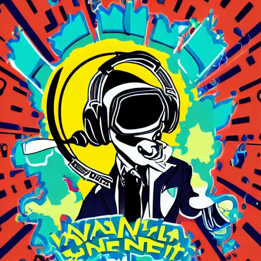 Image similar to svg vector sticker of absolutely insane-mad-scientist-villain, rocking out, wearing headphones, huge speakers, dancing, rave, DJ, spinning records, digital art, amazing composition, rule-of-thirds, award-winning, trending on artstation, featured on deviantart