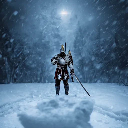 Prompt: paladin knight in snow in front of a castle by Lim Chuan Shin, moody, high contrast, vibrant colors, dark fantasy, 8k, ultra detailed