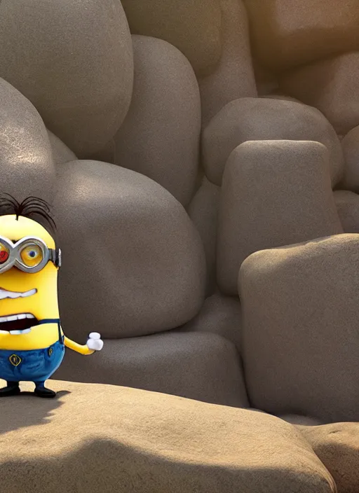 Image similar to king minion bob standing on a rock win posing in pixar style, smooth render, unreal engine 5, high - quality