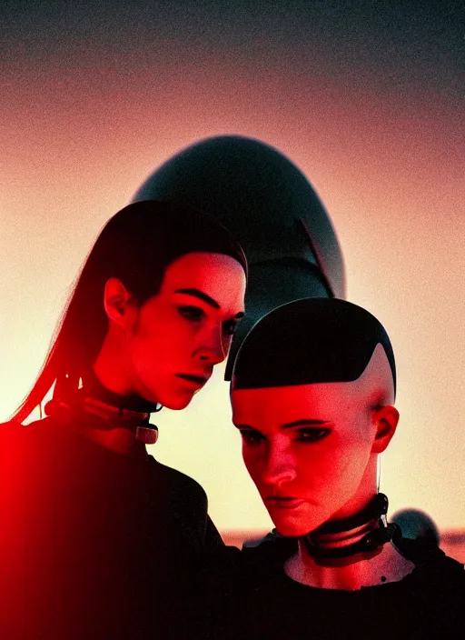 Image similar to cinestill 5 0 d photographic portrait of two loving female androids wearing rugged black mesh techwear on a desolate plain with a red sky, extreme closeup, modern cyberpunk, dust storm, 8 k, hd, high resolution, 3 5 mm, f / 3 2, ultra realistic faces, ex machina, blade runner