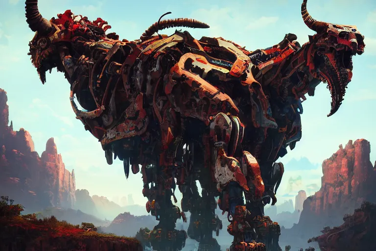 Image similar to grimhorn fanghorn machine mecanical creature robot of horizon forbidden west horizon zero dawn bioluminiscence global illumination ray tracing hdr fanart arstation by ian pesty and alena aenami artworks in 4 k