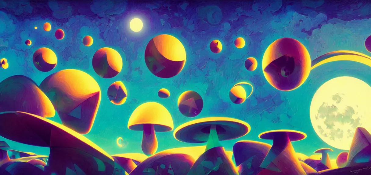Prompt: post - minimalism comic abstract cubism portrait of triangle mushrooms growing square orbs, top down view, the moon orbiting other moons, iridescent clouds, vibrant color scheme, highly detailed, in the style of romanticism, cinematic, artstation, moebius, greg rutkowski