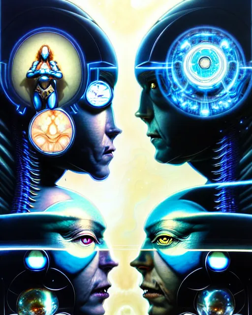 Prompt: a portrait of gemini man and woman fantasy character portrait made of fractals facing each other, ultra realistic, wide angle, intricate details, the fifth element artifacts, highly detailed by peter mohrbacher, hajime sorayama, wayne barlowe, boris vallejo, aaron horkey, gaston bussiere, craig mullins