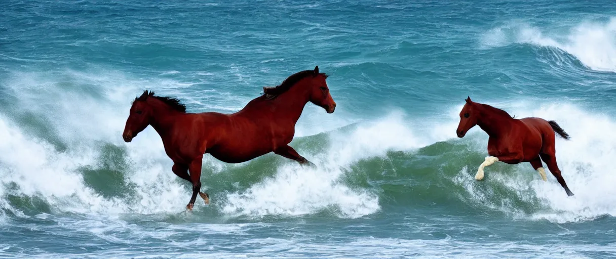Prompt: horse running along a stormy ocean, large waves, vivid colors