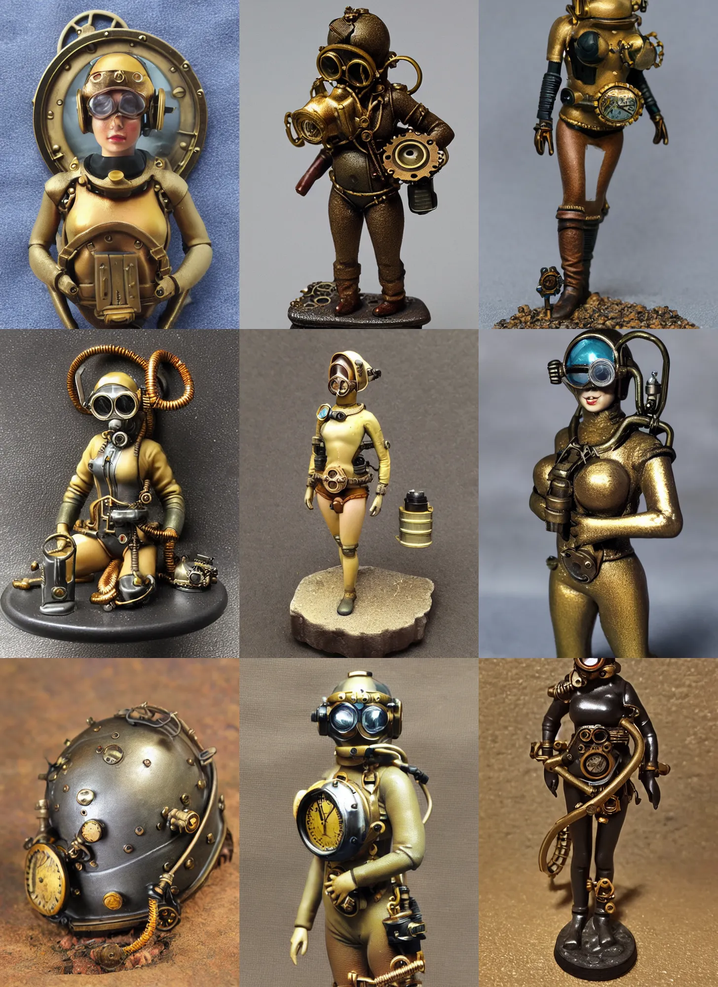 Prompt: 80mm resin detailed miniature of a Diver woman, steampunk diving helmet, breast, stomach skin, navel, belly, boots, symbol, textured base; Miniature Product Photos, 4K, view from front