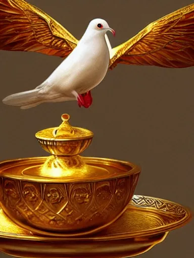 Prompt: a white dove holding a host in a golden cup fountain. intricate, elegant, highly detailed, digital painting, artstation, concept art, sharp focus, illustration, by justin gerard and artgerm, 8 k