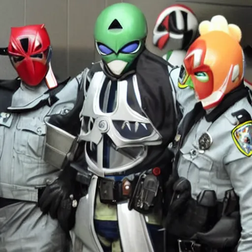 Prompt: a tokusatsu character getting arrested