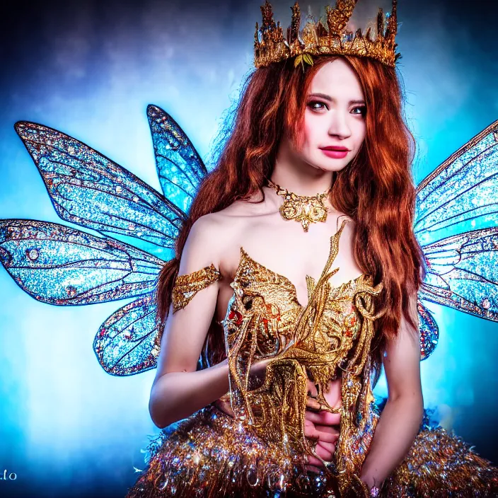 Image similar to photo of a very beautiful!! fairy queen with ornate sparkling robes, highly detailed, 4 k, hdr, smooth, sharp focus, high resolution, award - winning photo