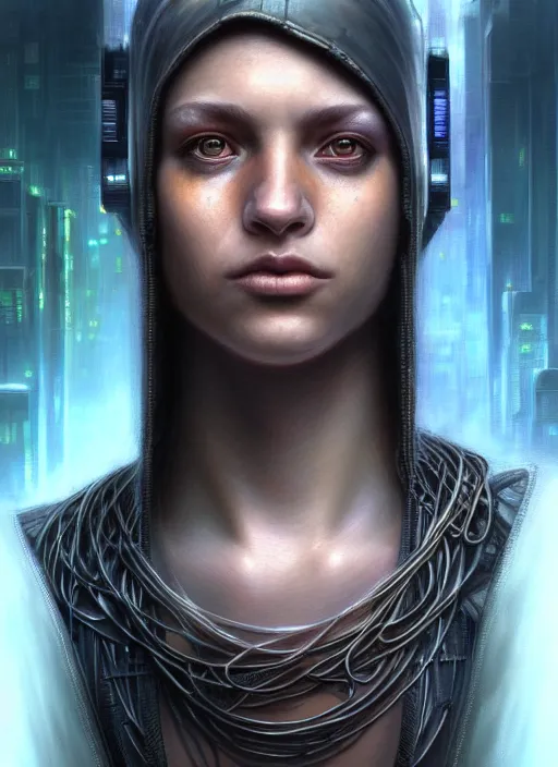 Image similar to closeup portrait shot of a cyberpunk teenager in a scenic dystopian environment, intricate, elegant, highly detailed, centered, digital painting, artstation, concept art, smooth, sharp focus, illustration, artgerm, tomasz alen kopera, peter mohrbacher, donato giancola, joseph christian leyendecker, wlop, boris vallejo