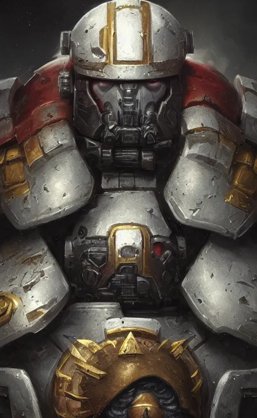 Image similar to portrait of a 4 0 k space marine with a bushy moustache, concept art, moustache, fantasy, highly detailed, cinematic lighting, digital painting by greg rutkowski