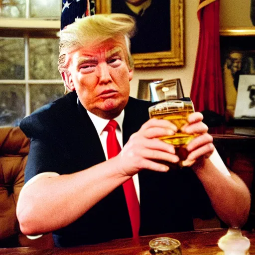 Image similar to Donal Trump drinking out of a bottle of whiskey, Oval Office, newspaper picture, realistic, close-up, pulitzer-prized photo, by Steve McCurry