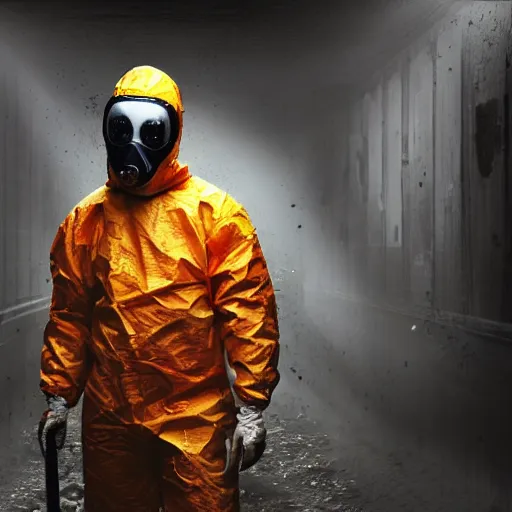 Prompt: still from the movie saw, low angle skewed shot of a man in a bloody hazmat suit, big shovel, blood, horror, award winning photo, high detail, atmospheric, 8k, dirty background