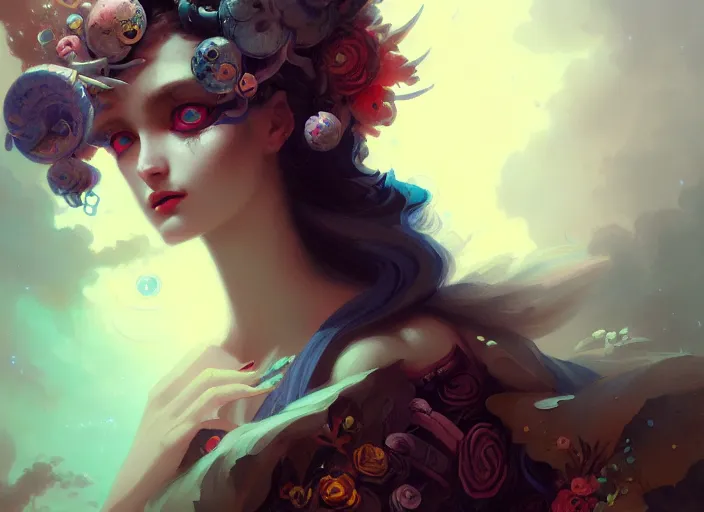 Image similar to close up picture of an maximalist dress girl, extremely beautiful and aesthetic and detailed cute face and eyes, with cute familiar sprites, chiaroscuro, intricate, masterpiece, fantasy illustrations by peter mohrbacher and anato finnstark and jeremy lipking