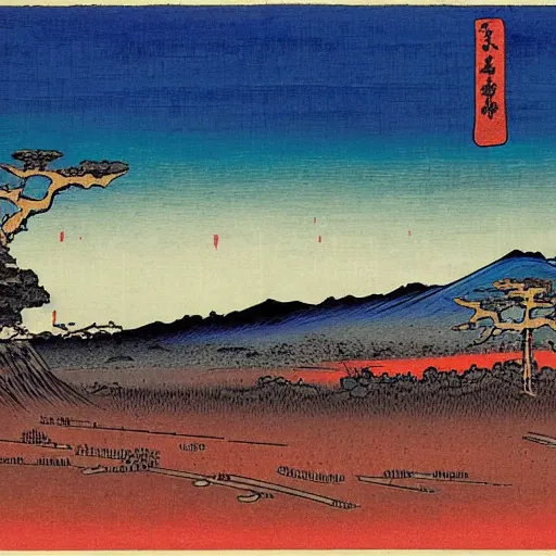 Image similar to hiroshige style, environment, post apocalypse, landscape, wasteland, desert