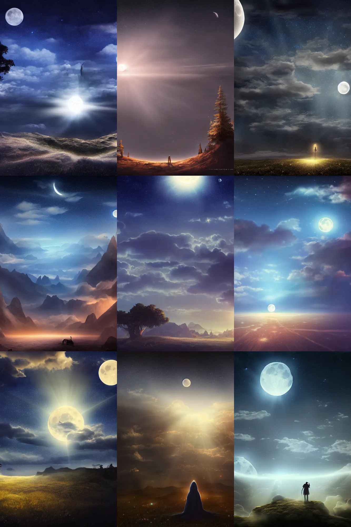 Prompt: a clear night, sky full of stars, moon in the sky, moonlight, moonlight god rays, sharp focus, matte painting, illustration, concept art
