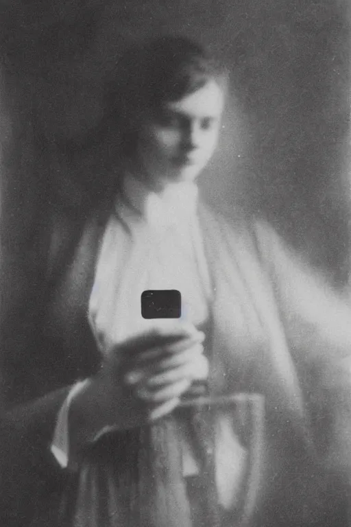 Image similar to 1 9 0 0 s photo of a person taking a selfie with an iphone photo grain double exposure masterpiece