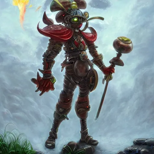 Image similar to Luigi made of earth and molten metal with heavy knight armor in the style of anime by Peter Mohrbacher, Matte painting of mushroom kingdom in background, hundreds of red and white spotted mushrooms in distance anime trending on artstation, HD, 4k,