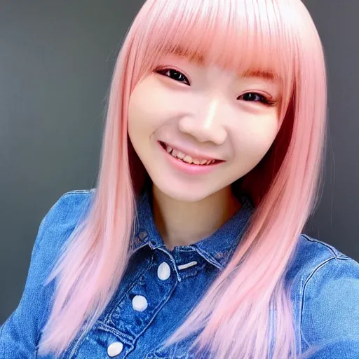 Prompt: beautiful hyperrealism selfie of nikki 苏 暖 暖 from shining nikki, a cute 3 d young woman smiling sofly, long light pink hair and full bangs, flushed face, blushing, small heart - shaped face, soft features, amber eyes, chinese heritage, golden hour, 8 k, sharp focus, instagram