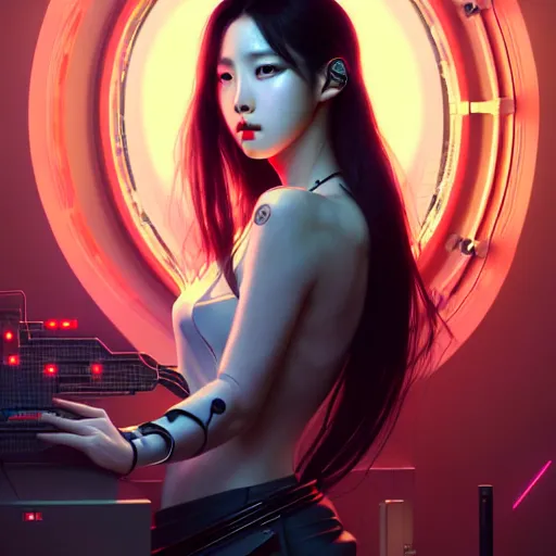 Image similar to portrait painting of kpop artist sunmi as a cyberpunk technician, ultra realistic, concept art, intricate details, eerie, highly detailed, photorealistic, octane render, 8 k, unreal engine. art by artgerm and greg rutkowski and magali villeneuve and alphonse mucha