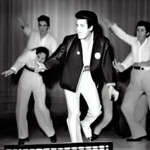 Image similar to black and white photograph of elvis dancing surrounded by aliens