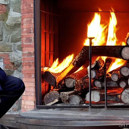 Image similar to vladimir putin in a waistcoat staring at a log fire photograph, dslr, rule of thirds