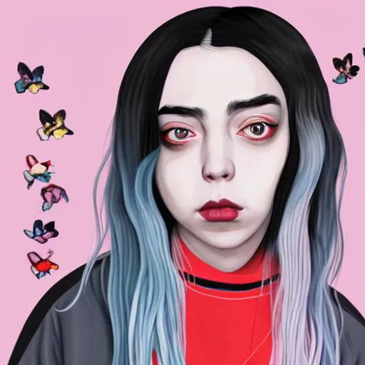 Image similar to cartoon illustration of asian billie eilish