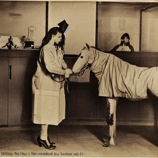 Prompt: horses dressed as nurses performing an operation