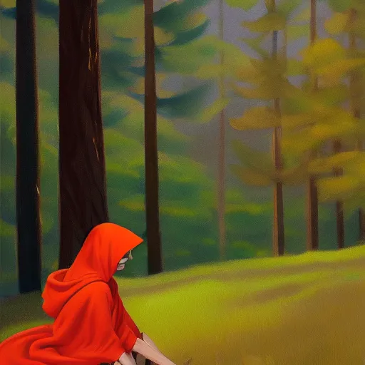 Prompt: Little Orange Riding Hood wear a dress in the valley, dark ambient beautiful, 8k resolution, road into the forest with a lake, detailed painting, art style by Edward Hopper daring, incredible, trending on Artstation