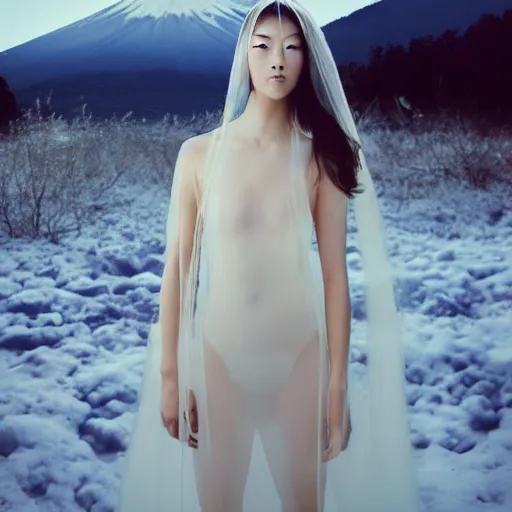 Image similar to a instax photo of fuji mountain, a tall japanese girl in a transparent sheer fabric dress against the background of fuji mountain, severe snow, full body shot, perfect symmetrical body, perfect symmetrical face, coherent symmetrical eyes, by peter kemp, by monia merlo, hyperrealistic, hyperdetailed, octane render, 8 k